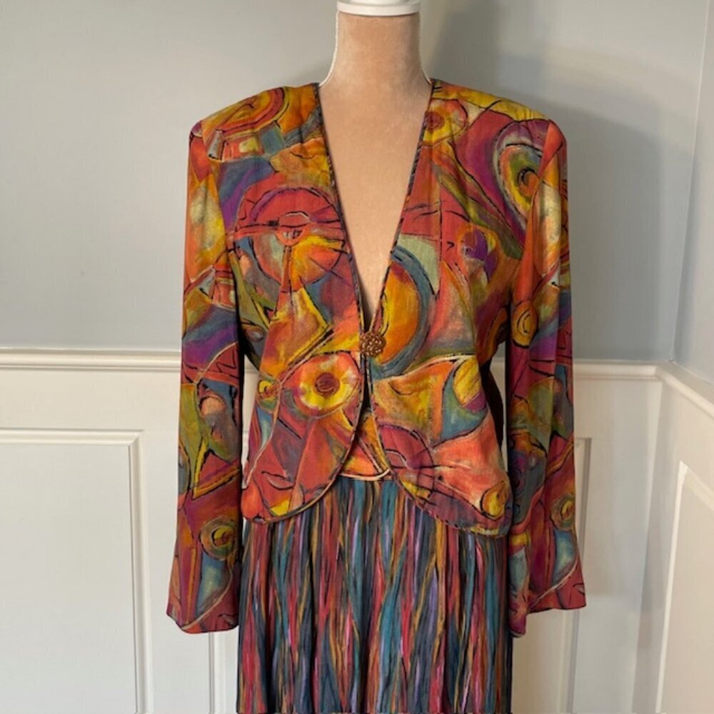 Vintage 80's Boho Marsha Brander Palazzo Pant & Blazer Suit Set Artsy Abstract 8 - Picture 2 of 16